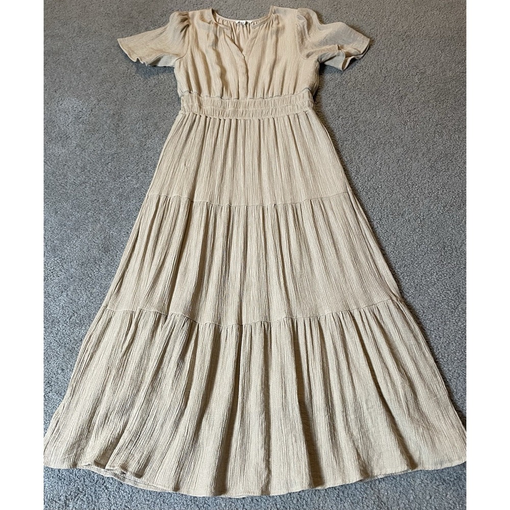 Anthropologie August Sky Tiered Dress Sz L Midi Beige Crinkly Boho Peasant - Picture 4 of 13